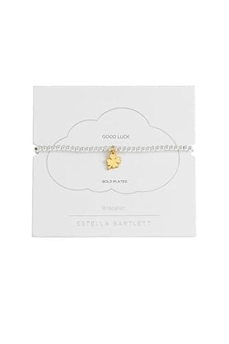 Image of Estella Bartlett 'Good Luck' Sienna Stretch Bracelet – Clover Charm Beaded Bracelet for Women – Silver Plated Elastic Jewellery Gift for Her (Gold & Silver Plated)