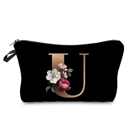 Image of 26-Initials Flower Cosmetic Bag A-Z Letter Makeup Bag Women Travel Carrying Cases Ladies Gift Portable Beauty Bags Fashion Storage Handbag Protective Cover Organizers Beauty Bags
