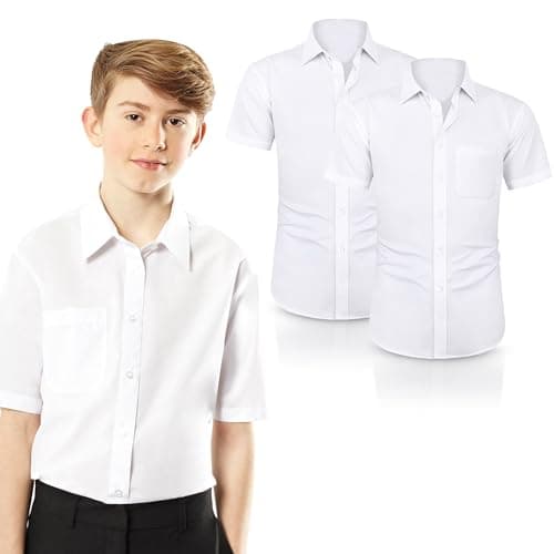 Image of ND Boys Half Sleeve School Shirt – Classic Fit, Easy Iron, Soft Cotton Blend, Uniform Shirt for Boys – White (UK, Alpha, One Size, Regular, Regular, 15.5" Neck - Year [15-16], White Pack 2)