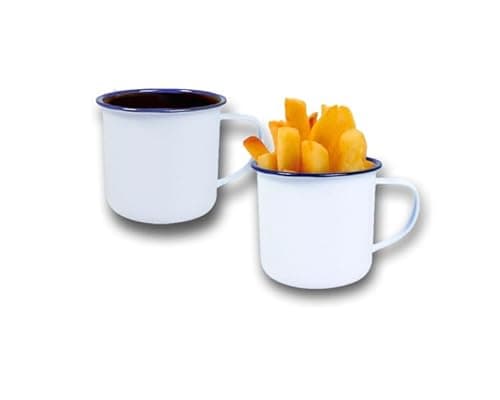 Image of Vintage Gourmet ® Premium White Enamelware with Blue Rim, Oblong, Round Pie Dish Sets, Mugs, Iconic Retro Camping Tea/Coffee Mugs (Set of 2 Mugs 8cm - 350ml)