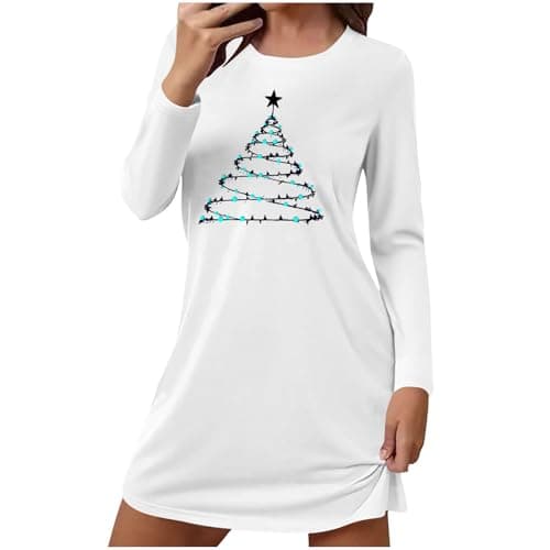 Image of GMQWRK Christmas Nightdress for Women UK Xmas Print Nightwear with Christmas Tree Wine Glass Pattern Long Sleeve Nighties Nightgown Longline T-Shirt Pullover Casual Lounge Sleep Dress