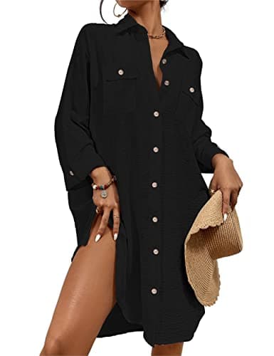 Image of Bsubseach Modern Swimsuit Coverups for Women Button Down Beach Shirt Dress Tops Resort Wear Black M