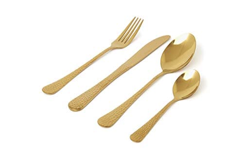Image of Sabichi Gold Hammered Cutlery Set - Flatware Set for 4 People - 4X Table Knife, Fork, Spoons - Easy to Clean Cutlery Set