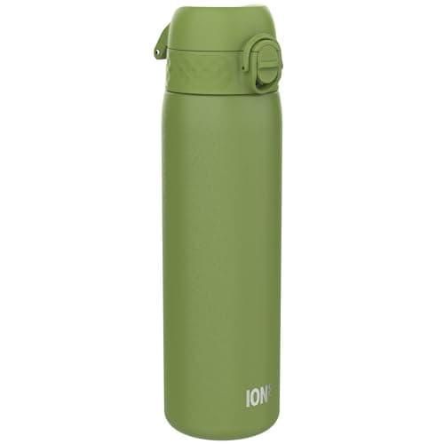Image of Ion8 Lightweight Steel Water Bottle, 600 ml/20 oz, Non-Insulated, Leak Proof, Easy to Open, Secure Lock, Dishwasher Safe, Flip Cover, Fits Cup Holders, Carry Handle, Metal Water Bottle, Khaki Green