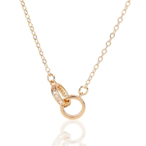 Image of MOTIBACK Gold Single-Layer Necklace for Women, Double Circle Pendant with Zircon, 45cm Dainty Gold Clavicle Chain, Minimalist Jewellery Gift for Her