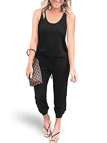 Image of REORIA Women Summer Casual Sleeveless Jersey Jumpsuits Elastic Waist Loose Jumpsuit Vacation Rompers with Pockets Black Large