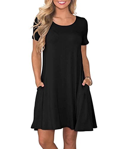 Image of AUSELILY Women's Summer Dresses Casual T-Shirt Short Sleeve Dress Loose Swing Short Dress with Pockets Black