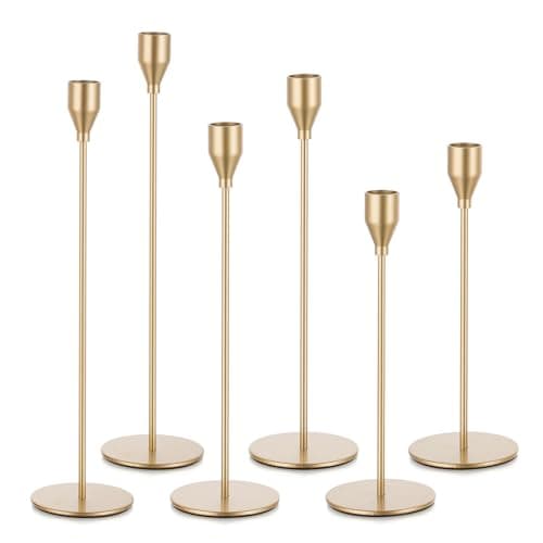 Image of Candeldo Gold Taper Candle Holder: Set of 6 Candlestick Holders Wedding Decorations Metal Candle Holders Candle Sticks Holder Christmas Table Decoration