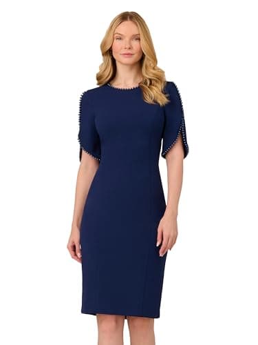 Image of Adrianna Papell Women's Knit Crepe Pearl Midi Dress, Navy Sateen, 8