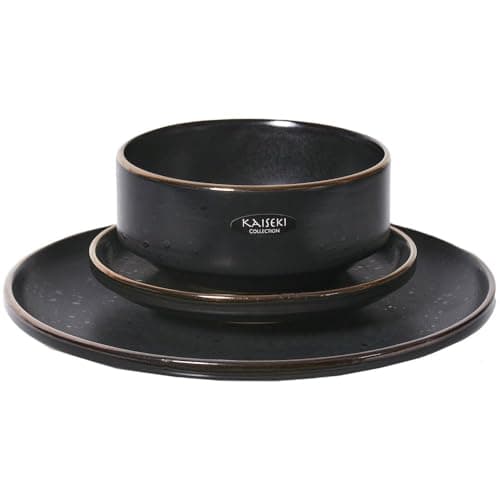 Image of wilko Kaiseki 12 Piece Dinner Set, Black Speckle with Gold Edge, Dishwasher and Microwave Safe, Japanese Zen Collection, Modern Dining