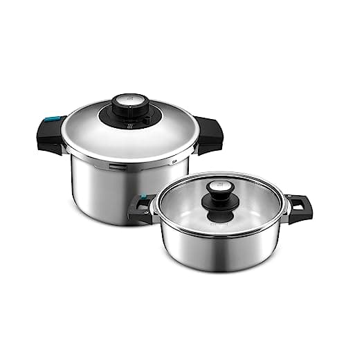 Image of Karaca Quick & Safe 2-Piece Stainless Steel Pressure Cooker Set, 4L+6L, Induction Multi Cooker Pot, 2 Cooking Programs, Dishwasher Safe, All Hob Types, Silver (Small & Large)