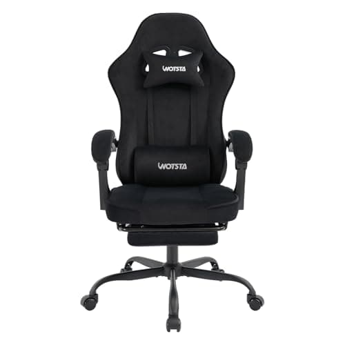Image of WOTSTA Gaming Chair for Adults, Ergonomic Gaming Chair with Footrest, Lumbar Support and Headrest, Adjustable Height computer chairs gaming, fabric gamer chair for Home Office, Black