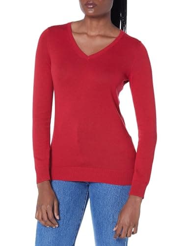 Image of Amazon Essentials Women's Regular-Fit Lightweight V-Neck Long-Sleeve Jumper (Available in Plus Size), Red, M