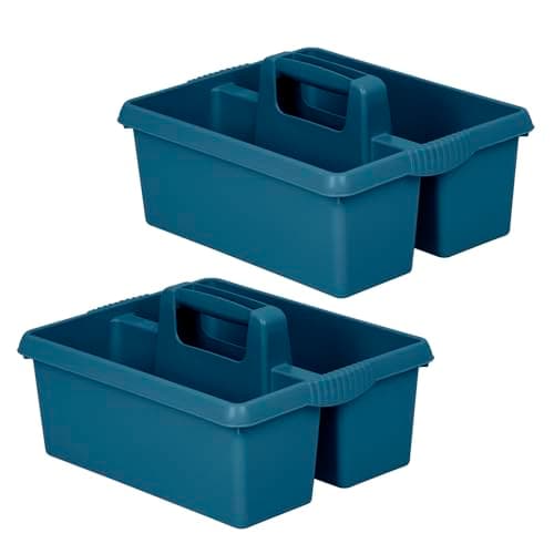 Image of 2 X Heavy Duty Large Plastic Handy Kitchen Tool Cleaning Tool Box with Handle Utility Storage Tidy Organiser Tote Tray Two Compartment Cleaners Carry Caddy Multipurpose Cleaning Tools - Navy Blue