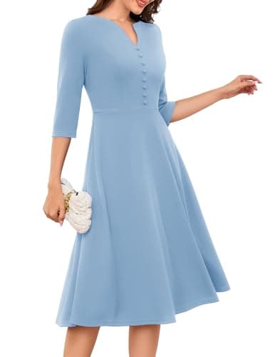 Image of DRESSTELLS Cocktail Dress, Church Dresses for Women Fall Wedding Guest Bridesmaid, 3/4 Sleeve Modest Prom Vintage Tea Party Blue S