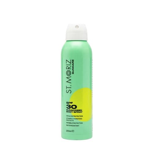 Image of ST. MORIZ Suncare SPF 30 Sunscreen Body Spray | Hydrating UVA & UVB SPF 30 Invisible Protection Sun Spray Mist for Body with Vitamin E | Water Resistant | Dermatologically Tested | Vegan | 200ml