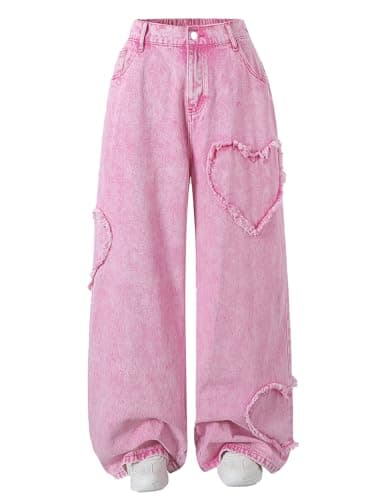 Image of Vaimti Plus Size Casual High-Waisted Wide Leg Jeans with Heart Distressed Design, Vintage Washed Denim (UK, Alpha, 6XL, Plus, Regular, Pink)