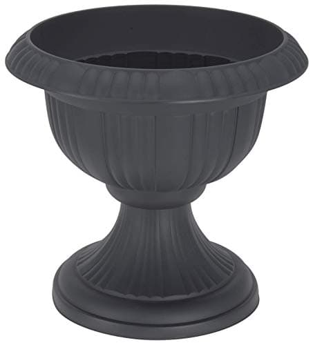 Image of Koopp Large 36cm Urn Planter on Flower Pedestal, Slate Grey | Lightweight, Durable Rippled Plastic Ornamental Plant Pot | UV Resistant Decorative Garden & Home Planter, Indoor/Outdoor Rustic Plant Pot