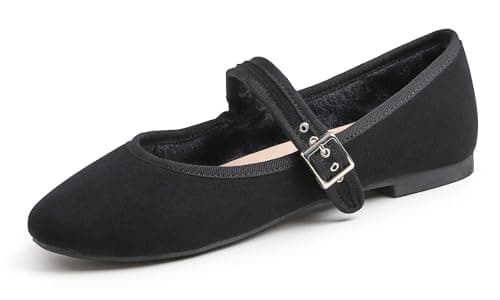 Image of Feversole Women's Soft Cushion Extra Padded Comfort Round Toe Mary Jane Metal Buckle Fashion Ballet Flats Walking Shoes Black Corduroy Short Plush Lining UK Size 5