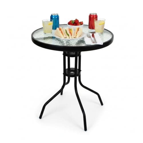 Image of Crystals Outdoor Dining Table Garden Bistro Patio Table Metal Glass Top Table for Indoor Outdoor Cafe Dining, Black