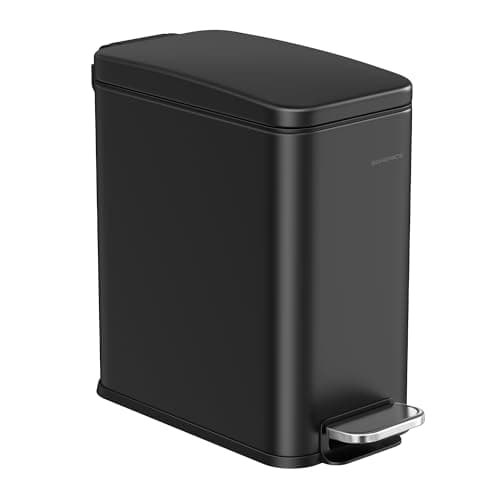 Image of SONGMICS Bathroom Bin, Narrow Pedal Toilet Bin with Lid, Slim for Small Spaces, Steel, Soft Close, 1.3 Gallons (5 L), Black LTB560B05