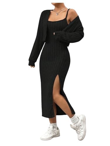 Image of GORGLITTER Women's Ribbed Knit Dress Outfits 2 Piece Sleeveless Bodycon Midi Dress and Long Sleeve Cardigan Knitted Set Black XS