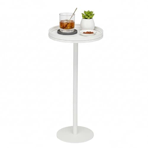 Image of ZEXVIDA White Martini Table, Modern Small Round Side Table, Minimalist Metal & Wood Pedestal End Table with Weighted Base, White Drink Table for Living Room, Small Spaces,Next to Sofa, 24.7" Tall
