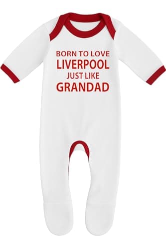 Image of Cheekytots Baby Sleepsuit – Born To Love Liverpool Just Like Grandad 3-6 Months – 100% Cotton Baby Romper (3-6 Months, White/Red Trim)