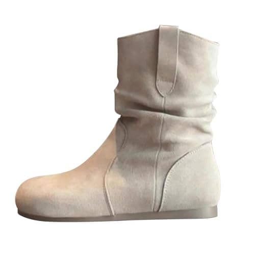 Image of Momolaa UK Size 6 Womens Slouch Flat Ankle Boots Round Toe Comfy Classic Vintage Slip on Mid Calf Boots Fall Fashion Walking Shoes Beige