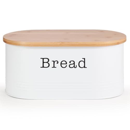Image of EHC Space Saving Extra Large Bread Box Bin With Wooden Lid For Kitchen Storage,Round Enamel Bread Storage Canister Bin Crock Jar For Kitchen, White