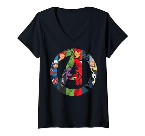Image of Womens Marvel Avengers Group Shot Comic Fill Logo V-Neck T-Shirt