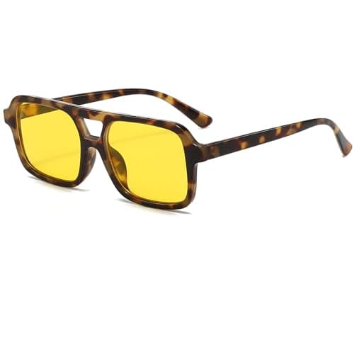 Image of Ggpyyon Retro Square Sunglasses for Women Men 70s Tinted Pilot Rectangle Sun Glasses Trendy Classic Shades Eyewear(Leopard/Yellow)