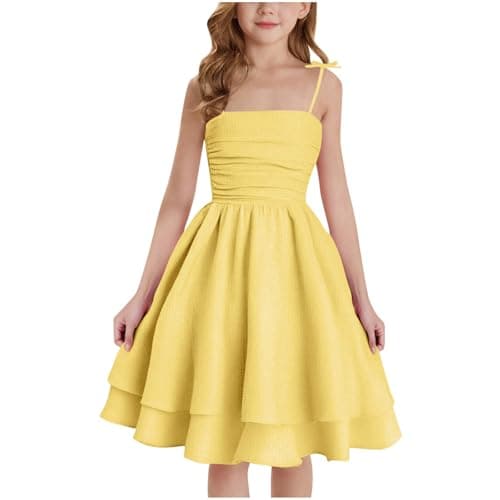 Image of duxyoz Spring Summer Dresses for Girls UK Square Neck Off Shoulder Sundress Kids Smocked Tiered Layered Princess Party Dress Casual A-Line Cami Dresses Flower Girl Mini Dress 11-12 Years Yellow
