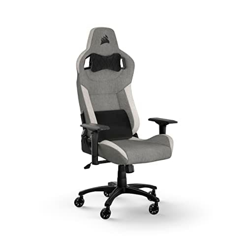 Image of Corsair T3 RUSH Fabric Gaming Chair (2023) – Racing-Inspired Design – Soft Fabric Exterior – Padded Neck Cushion – Memory Foam Lumbar Support – Adjustable Seat Height – Grey & White