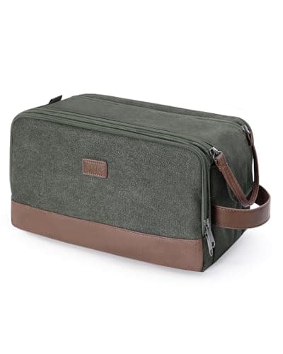 Image of WANDF Toiletry Bag for Men Travel Wash Bag Toiletry Organizer Canvas and PU Leather Dopp Kit Water-Resistant Shaving Kit for Travel Accessories (Green, Patent Pending)
