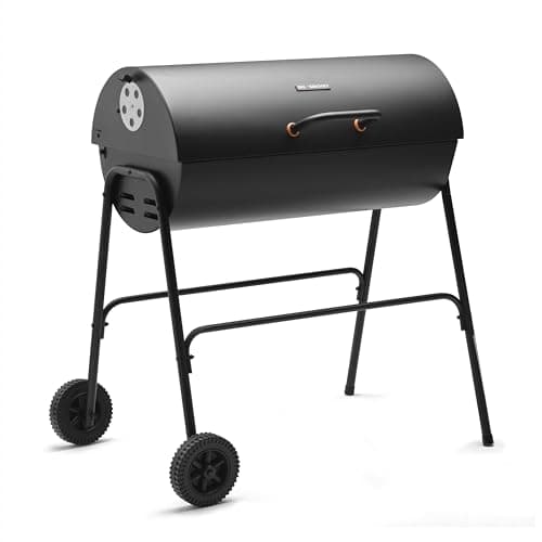 Image of Big Smokey Charcoal Barrel BBQ – Portable Barbecue with Warming Rack, Wheels, Large Porcelain-Coated Steel Non-Stick Cooking Grill, Air Vents – 2 in 1 Barbeque and Smoker