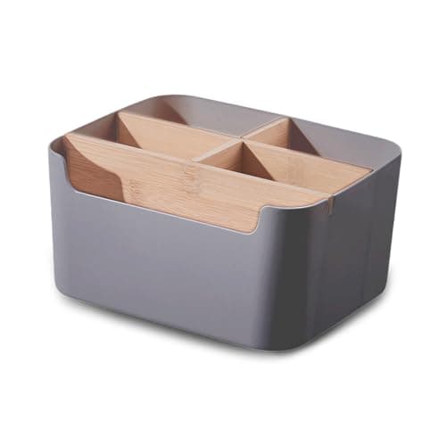 Image of EAZHOP 5 Compartment Desk Organiser Wooden Desktop Storage Box with Removable Dividers, Multifunctional Square Office Organizer for Remote Controls, Pens, Makeup, Stationery (Gray)