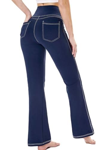 Image of Chasehot Flare Leggings for Women, 31" Stretch High Waisted Bootcut Workout Yoga Pants with Pockets Tummy Control Butt Lift Bell Bottom Jeans for Women,Navy-L