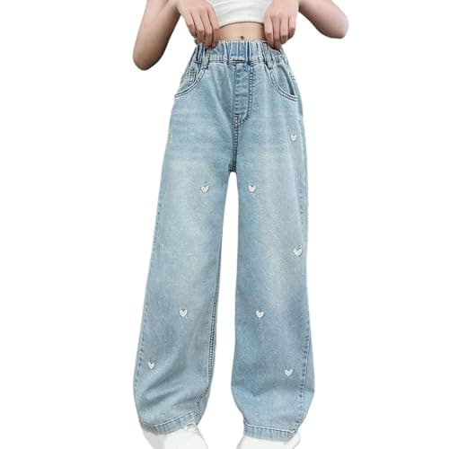 Image of Girls Heart Jeans Kids Baggy Jeans Cute Embroidery Pattern Light Blue Elasticated Waist Teens Denim Cargo Trousers Wide Leg Girl Hip Hop Pants Vintage Casual Spring Summer Joggers (Blue, 11-12 Years)