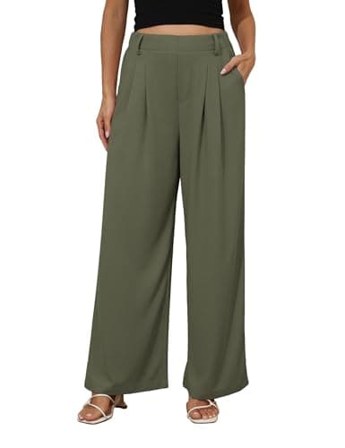 Image of Timuspo Petite Wide Leg Trousers Elegant Flowy Womens Work Palazzo Waffle Casual High Waist Stretch Pants Army Green L