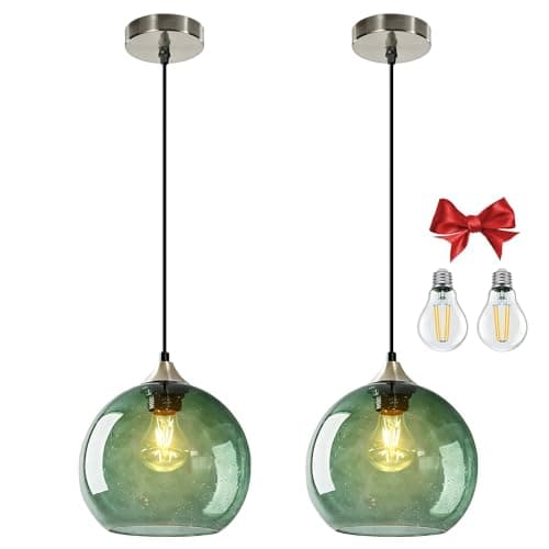 Image of Bravsekai Large Gray Green Glass Pendant Light for Kitchen Island, Includes Extra Bulb & 1.5m Adjustable Cord, Modern Pendant Lighting Fixtures for Kitchen, Dining Room, Living Room(23cm, 2-Pack)