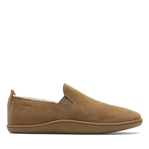 Image of CLARKS Home Mocc Suede Slippers in Tan Standard Fit Size 9, Brown