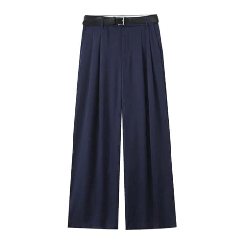 Image of Women Straight Pants Belted Double Pleat Soft Slim Fit Bottoms Trousers Blue