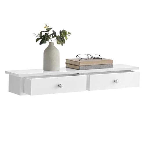 Image of SONGMICS Wall Shelf, Floating Shelf with 2 Drawers, Holds up to 15 kg, 15 x 65 x 10 cm, for Hallway, Living Room, Office, Easy Installation, Space Saving, Modern Style, White LWS65WT