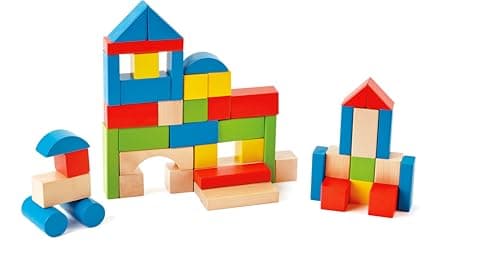 Image of Hape Maple Blocks Kids Wooden Building Blocks Stacking Wooden Block Educational Toy Set for Toddlers, 50 Brightly Coloured Pieces in Assorted Shapes and Sizes