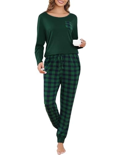 Image of Vlazom Pyjamas Set for Women, Soft Two Pieces Pj's Sets Long Sleeve Tops and Plaid Pants Sleepwear with Pockets Green, XXL