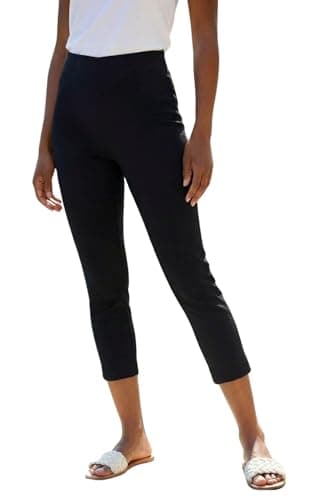 Image of Roman Cropped Trousers for Women UK Ladies Capri Leggings Summer Pants Short Crop Stretch 3/4 Length Three Quarter Pedal Pusher Clothes Elasticated Bengaline Cut Off - Black - Size 22