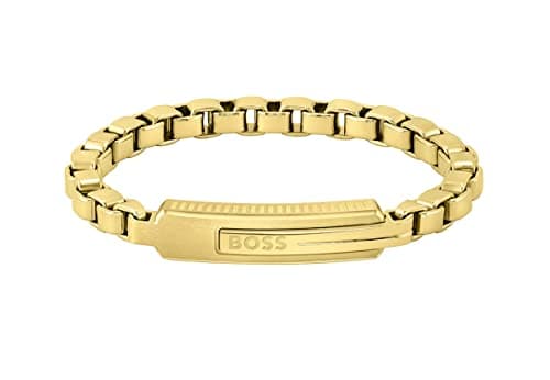 Image of BOSS Jewelry Men's ORLADO Collection Chain Bracelet in Yellow Gold with an Engraved Plaque - 1580357M