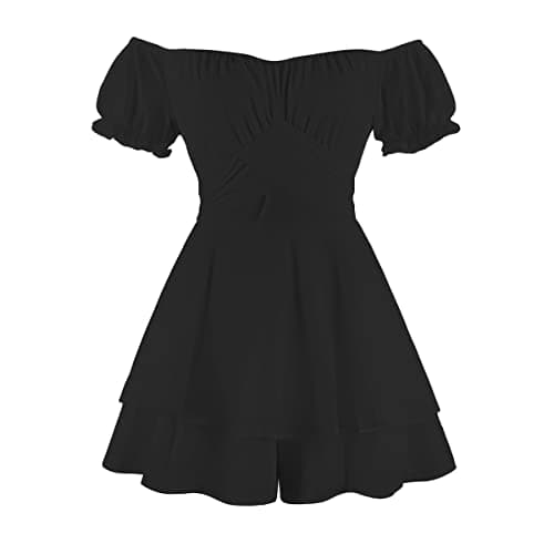 Image of Women Boho Romper Off Shoulder Ruffle Chiffon Shorts Mini Dress Floral Print One Piece Casual Strapless Jumpsuit Double Layer Ruffle Hem Playsuits Beach Summer Dresses Overall Outfit Black Small