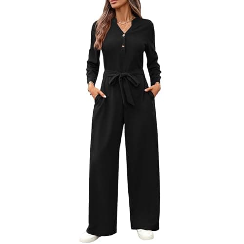 Image of Momuk Long Sleeve Jumpsuit for Women Button V Neck Wide Leg Elegant Playsuit One Piece Romper with Pockets Fall Outfit Clothes (Black L)